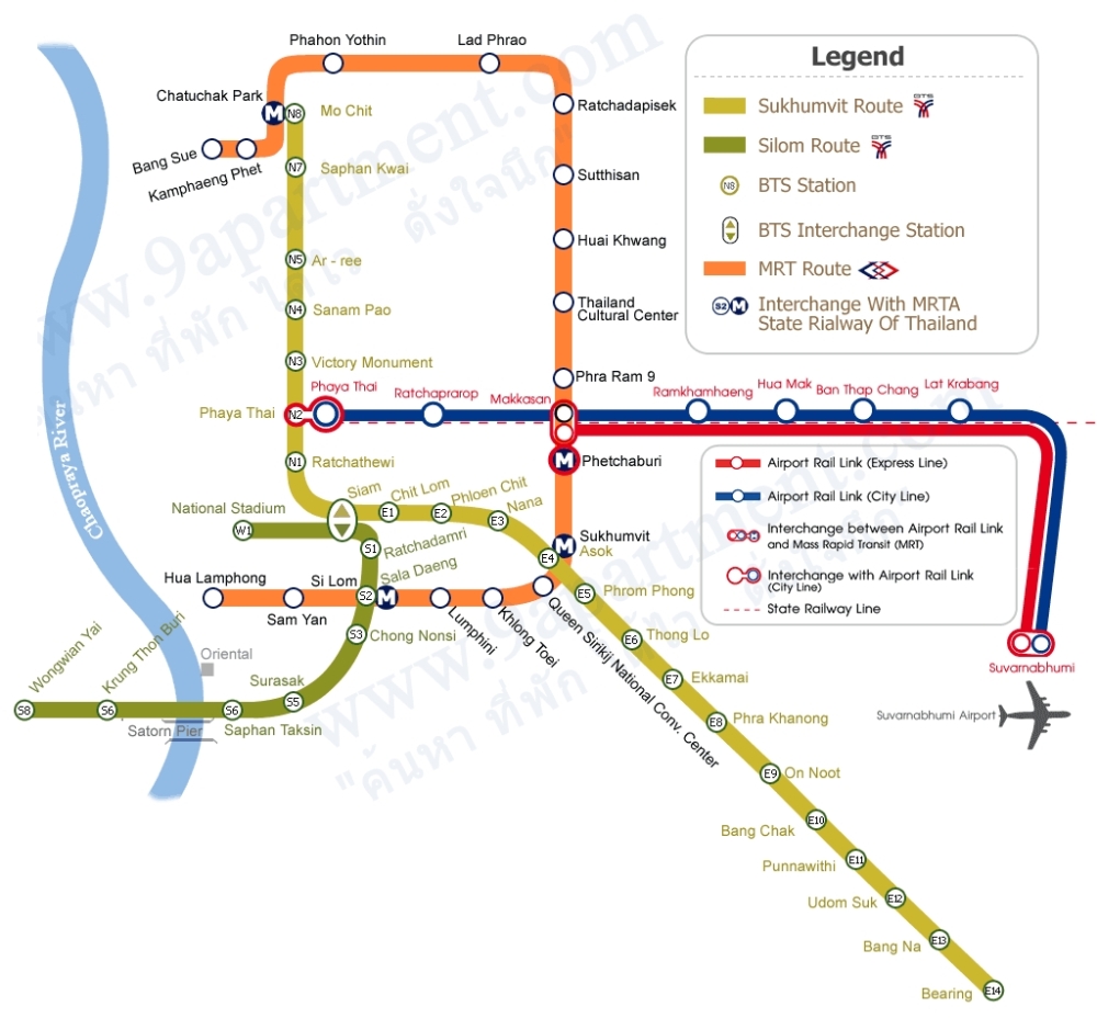 Mapa transportu publicznego w Bangkoku linii BTS, MRT i Airport Link.